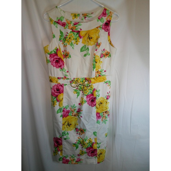 Charter Club Floral Print Dress Sleeveless Sheath‎ Belted Yellow Pink Size 10 - Picture 1 of 3